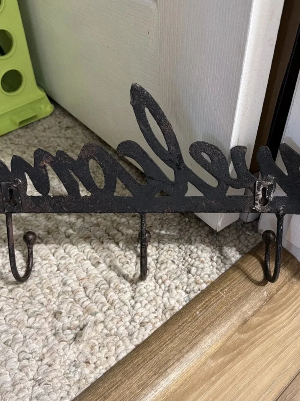 Vintage Cast Iron Welcome 3 Hook Wall Mount Coat Hanger